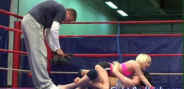  Lesbian babe licks pussy in a boxing ring